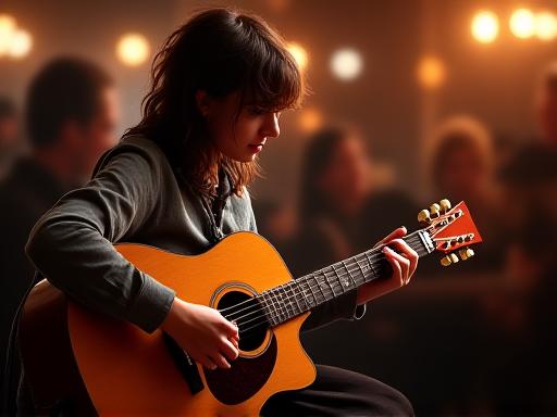 Un guitarrista tocando en un ambiente íntimo con luces tenues.