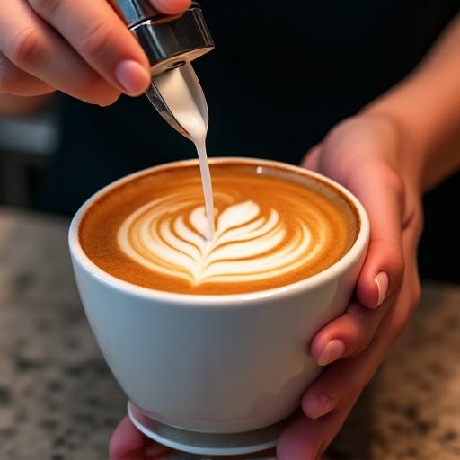 Barista realizando un dibujo de latte art en una taza de cappuccino.