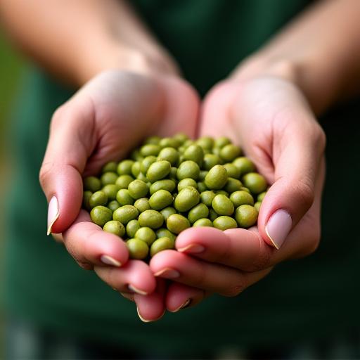 Mano sosteniendo granos de café verde recién cosechados.