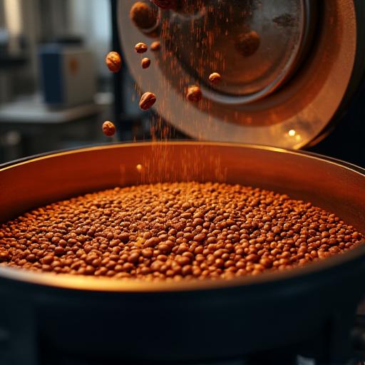 Máquina tostadora de café en funcionamiento con granos de café en movimiento.